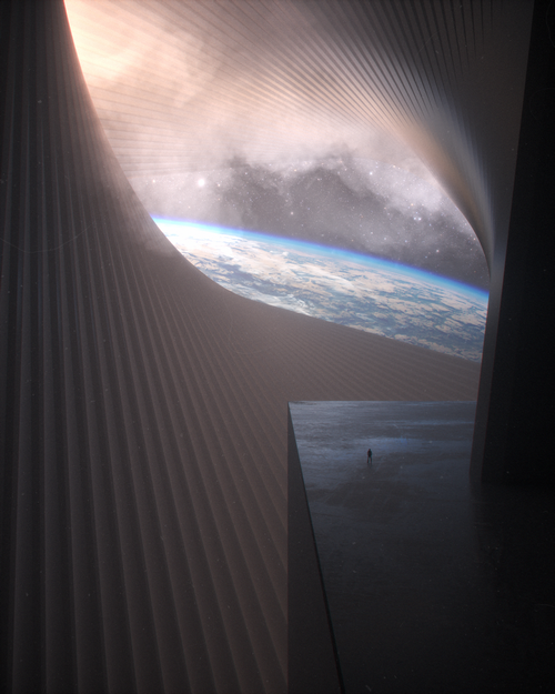 Silhouette of a person on a platform overlooking Earth from space