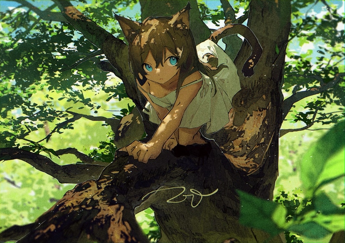 Cat girl with blue eyes in a tree