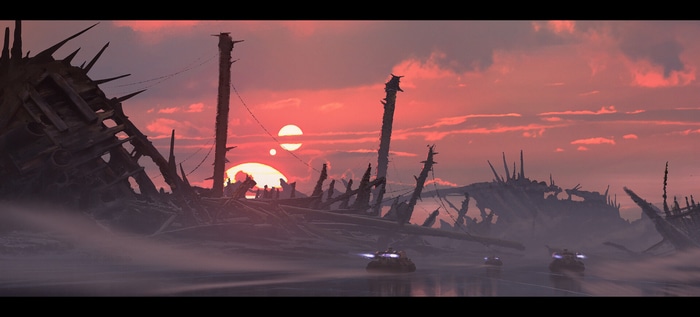 Hovercrafts on a misty planet during a double sunset