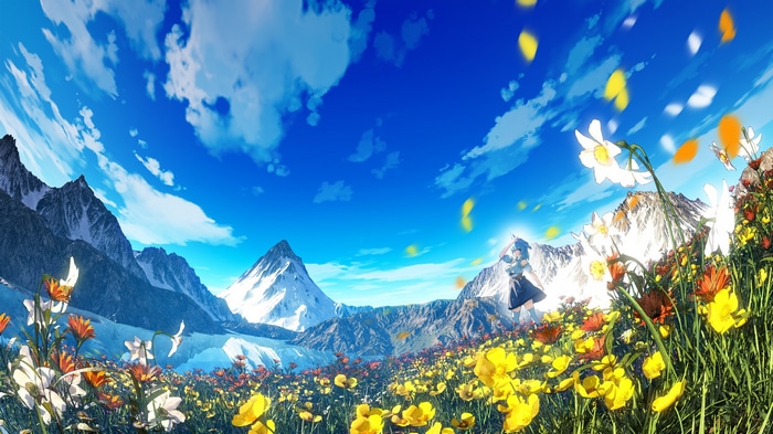 Anime girl in a field of flowers with mountains