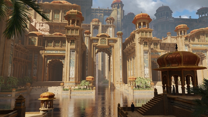 Grand Indian palace with water features and sky