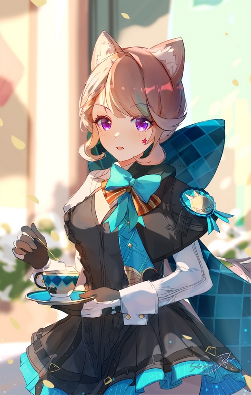 Lynette from Genshin Impact holding a teacup