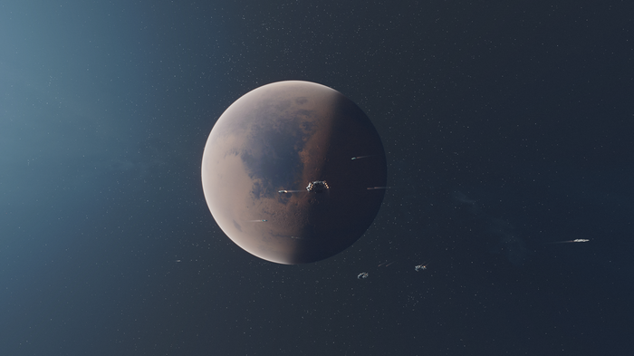 Starfield Spaceships Orbiting a Planet