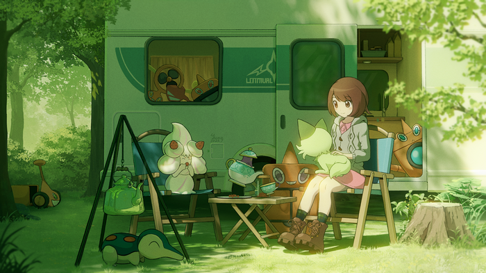 Girl with Pokémon by a Camper in a Forest