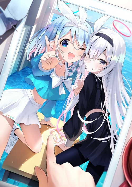 Arona and Plana from Blue Archive taking a selfie