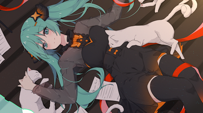 Hatsune Miku with cats and papers