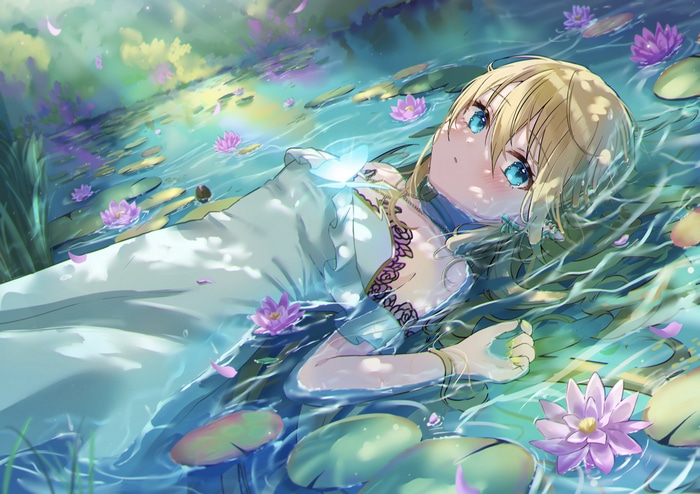 4K Anime Girl with Blue Eyes Lying in Water Lilies