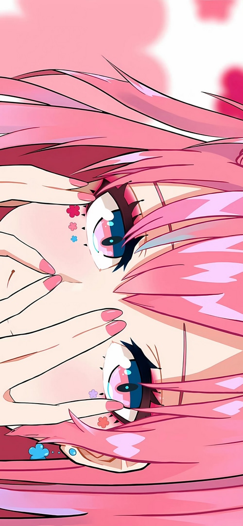 Anime girl with pink hair and blue eyes peeking through fingers
