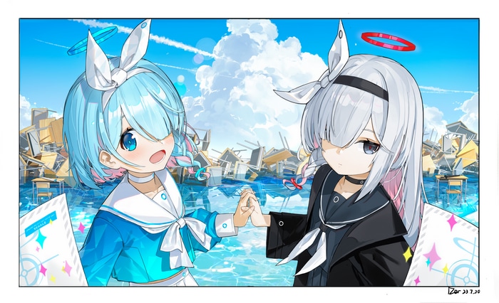Blue Archive: Plana and Arona in a flooded classroom