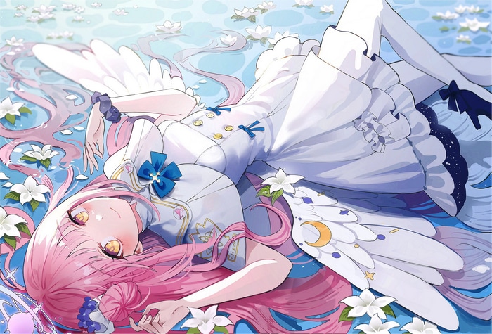 Misono Mika from Blue Archive lying on water with flowers