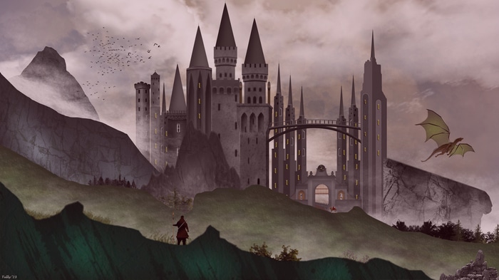 Fantasy castle with dragon and birds in mist