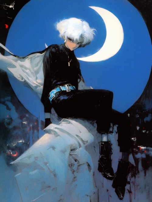 Anime character with white hair and a crescent moon