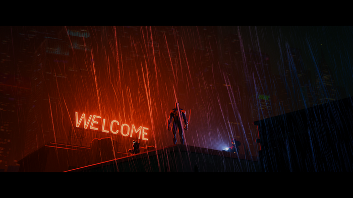 Spider-Man: Across the Spider-Verse neon sign in rain