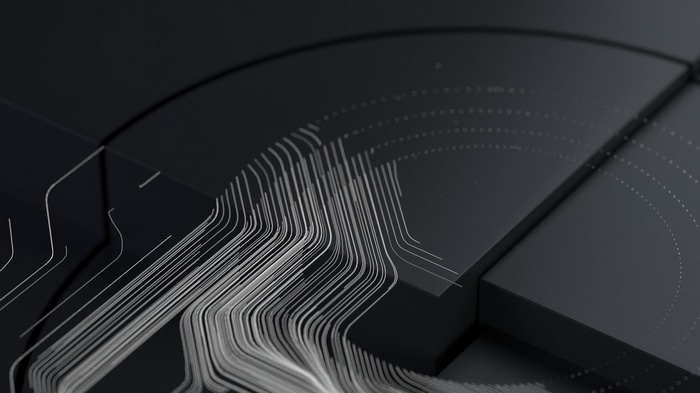 Dark abstract circuit board with flowing lines