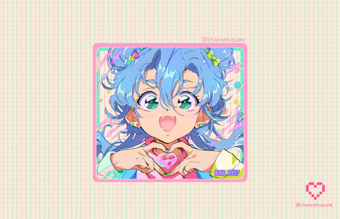 Anime girl with blue hair making a heart shape with her hands