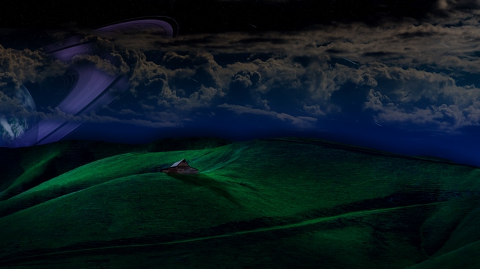 4K landscape with house and planet