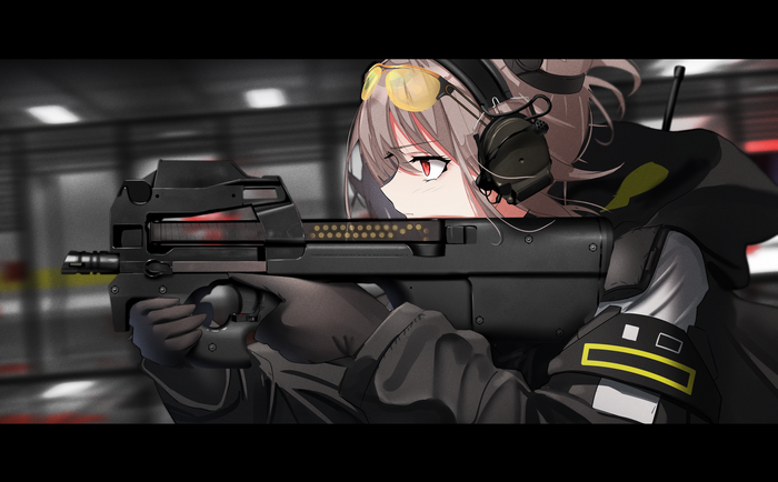 Girl with P90 gun and headphones