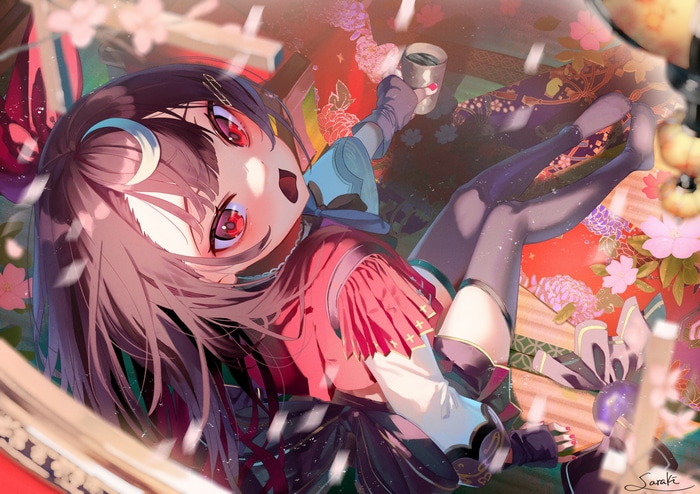 Girl with red eyes holding a drink