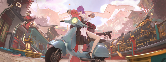 Kafka and Himeko on a motorcycle with a train