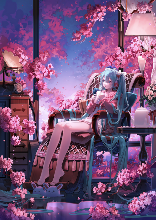 Hatsune Miku sitting in a chair surrounded by cherry blossoms
