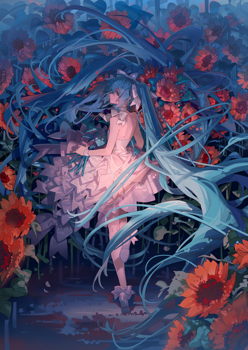 Hatsune Miku in a white dress surrounded by sunflowers