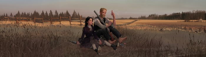 4K Western couple with guns in a field