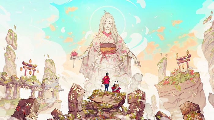 Giant Goddess with Lotus Flower and Two Figures