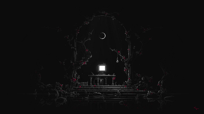 Pixel art scene with crescent moon and vintage computer
