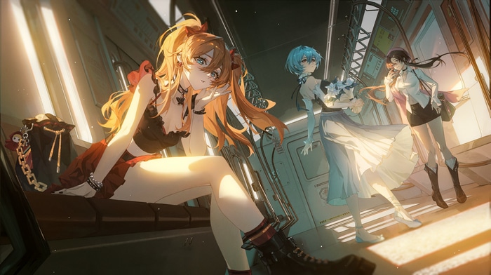 Neon Genesis Evangelion: Asuka, Rei, and Mari on a Train