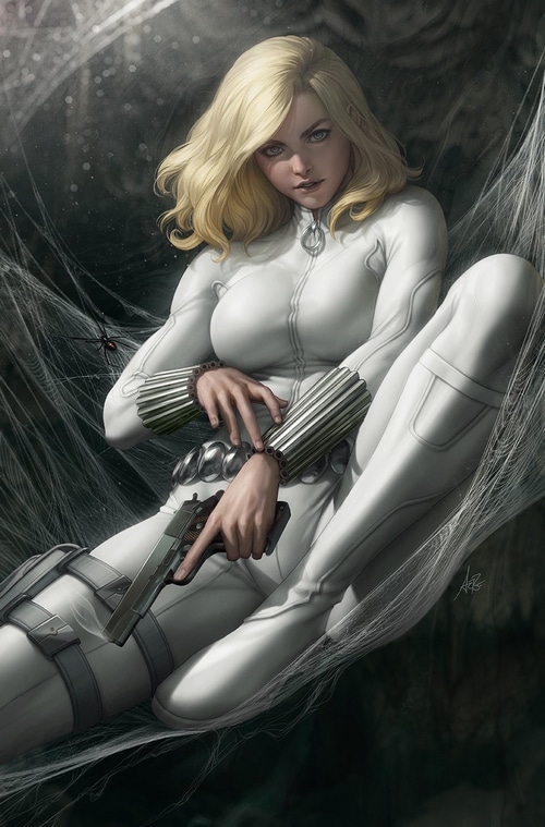 Yelena Belova in a white bodysuit with a gun