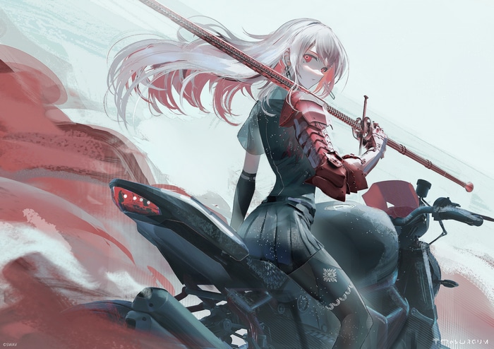 Girl with sword on motorcycle