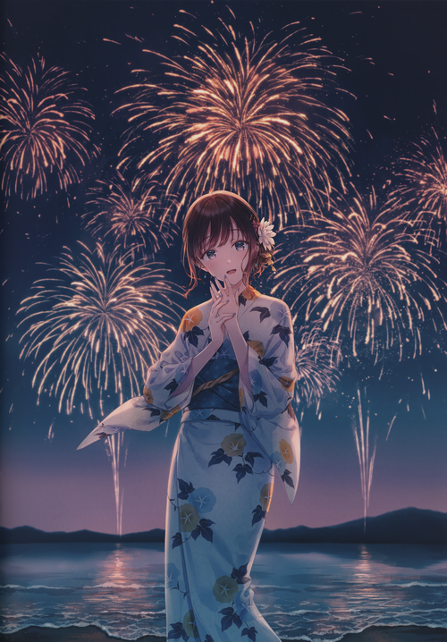 Woman in Kimono Watching Fireworks Over the Water