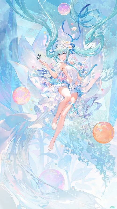 Hatsune Miku in a white dress with flowers and butterflies