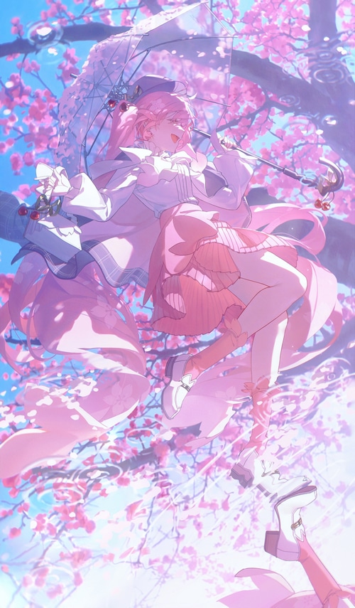 Hatsune Miku with umbrella under cherry blossoms