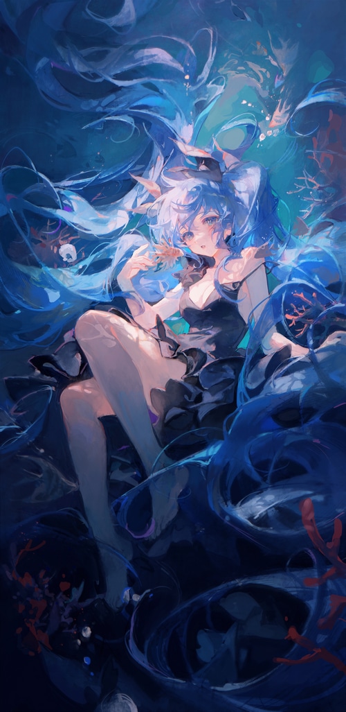 Hatsune Miku underwater with fish and coral
