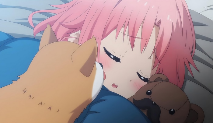 Anime screenshot of a girl with pink hair and a dog