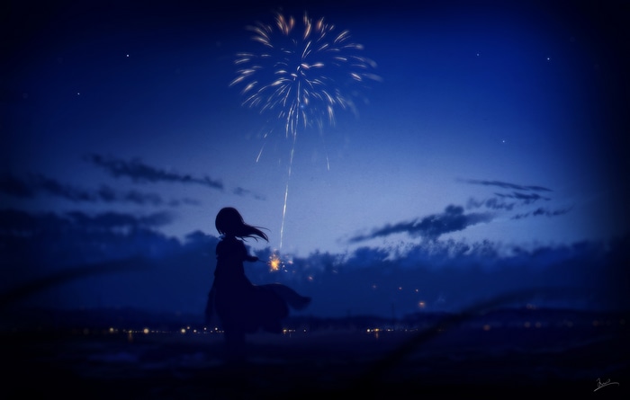 Anime girl watching fireworks in the night sky