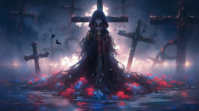 Faceless figure in a hood surrounded by crosses and flowers