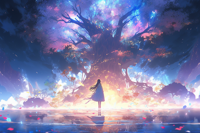 Anime girl standing by a giant tree with colorful petals