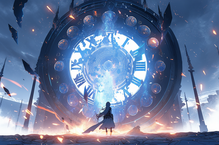 Anime girl standing before a giant clock