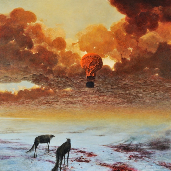 Zdzisław Beksiński painting of a hot air balloon and wolves