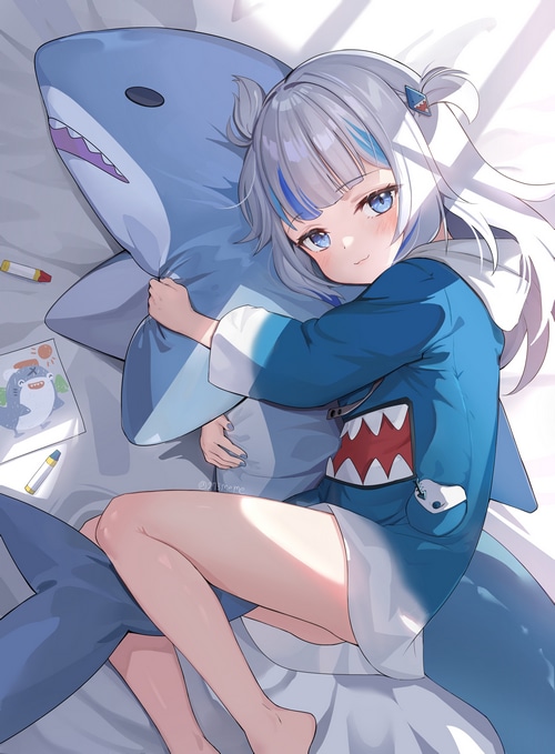 Gawr Gura hugging a shark plushie