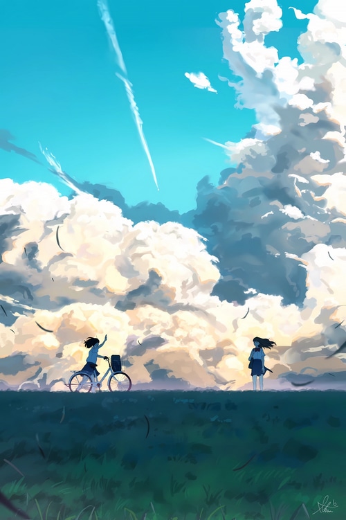 Schoolgirl with bicycle and friend under dramatic clouds