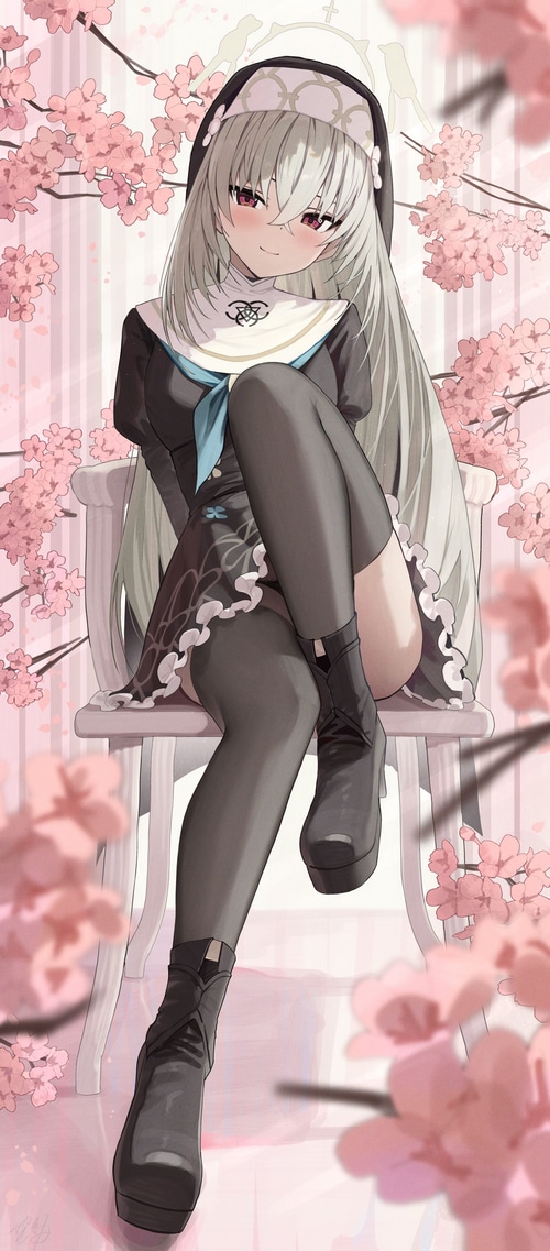 Utazumi Sakurako in a nun outfit with cherry blossoms