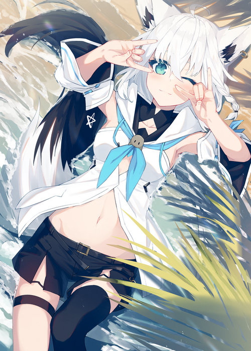 Shirakami Fubuki lying on the beach with peace signs