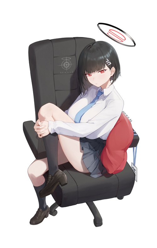 Tsukatsuki Rio from Blue Archive sitting on a chair
