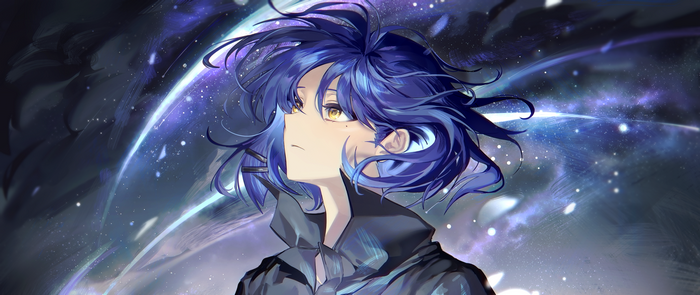 Ryo Yamada from BOCCHI THE ROCK! with blue hair and yellow eyes