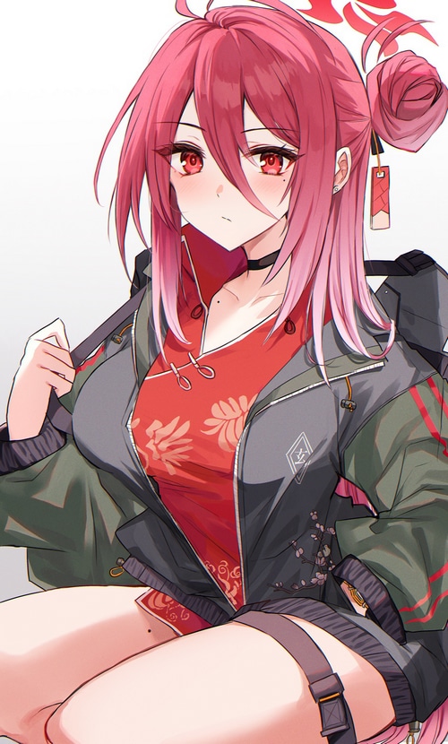 Blue Archive character with pink hair and red eyes