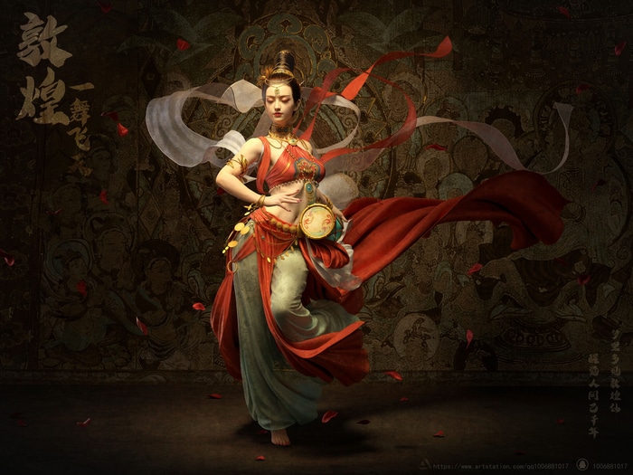 Dancing woman with red shawl and drum