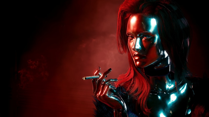 Lizzy Wizzy from Cyberpunk 2077 smoking a cigarette
